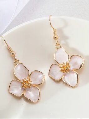 Gold-Trim White Enameled Flower Drop Earrings with. Touch of sparkle 1.75”